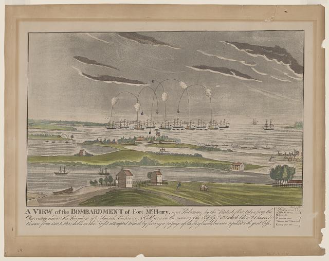Hand-colored nineteenth-century print showing bomb vessels firing toward Fort McHenry